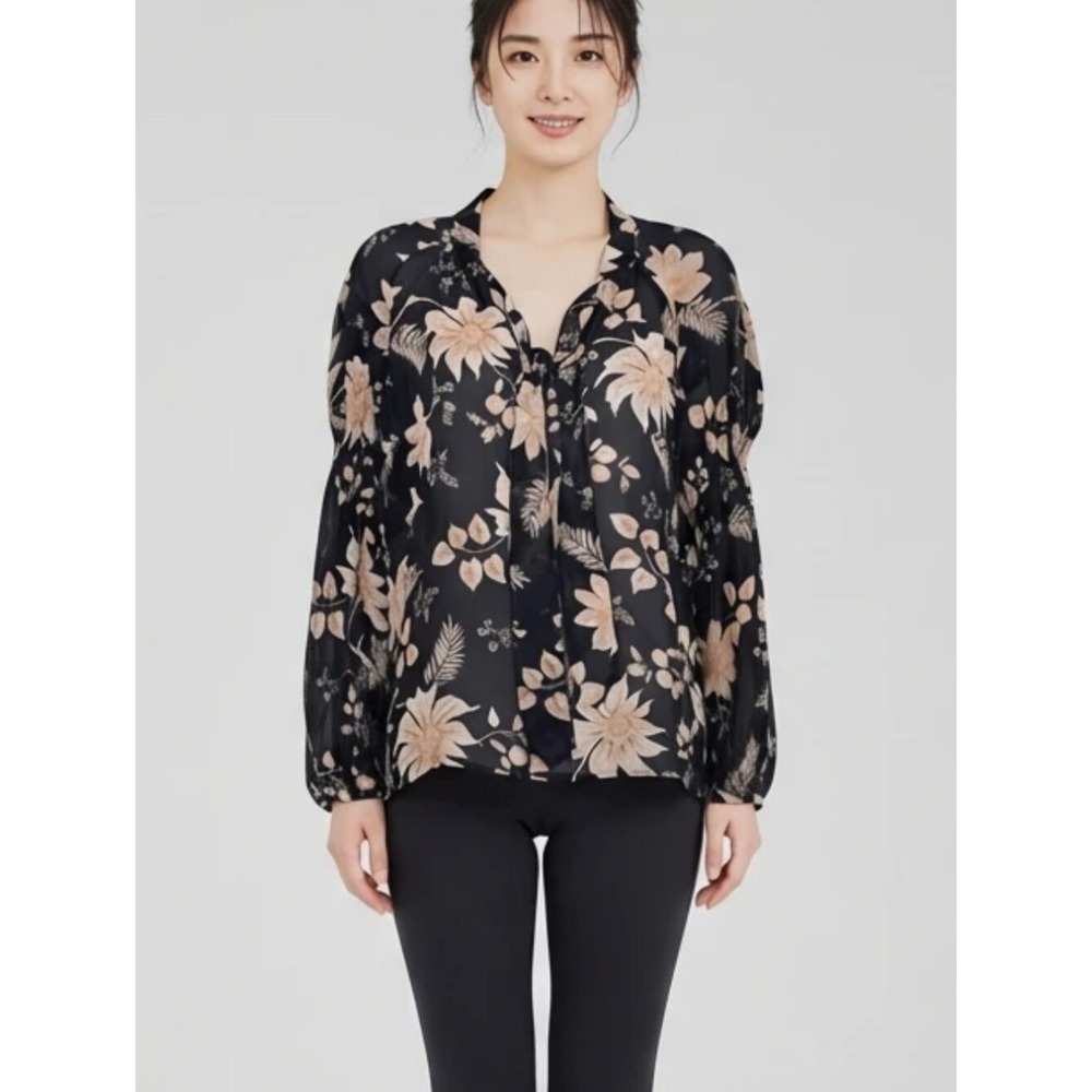 Sanctuary Black Tan Floral Sheer Chiffon Tie Neck Blouse Smocked Cuff Small